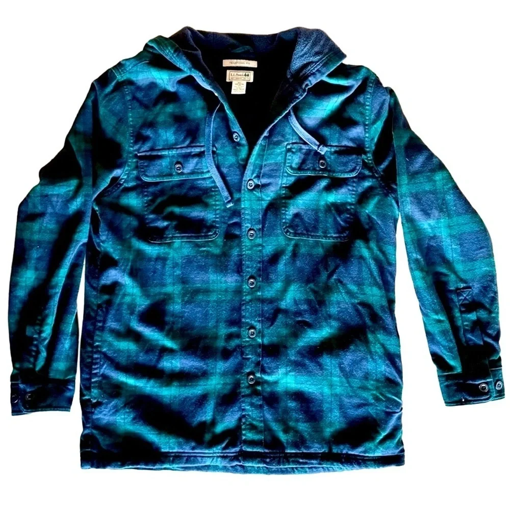 L.L. Bean Green Blue Plaid Hooded Shirt Jacket Fleece Lined Men’s M